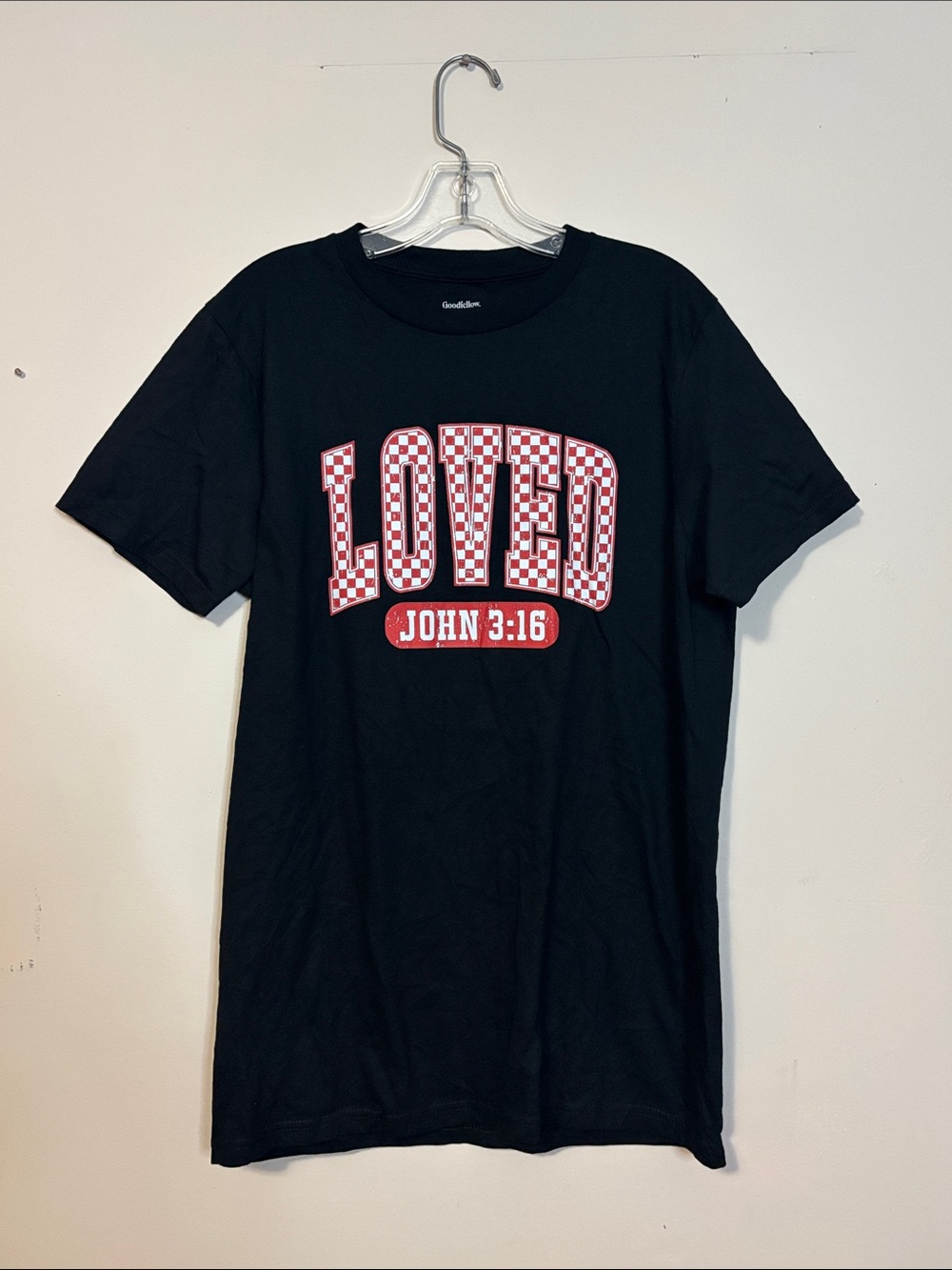 Black "LOVED" Graphic Tee with John 3:16 handmade unisex medium